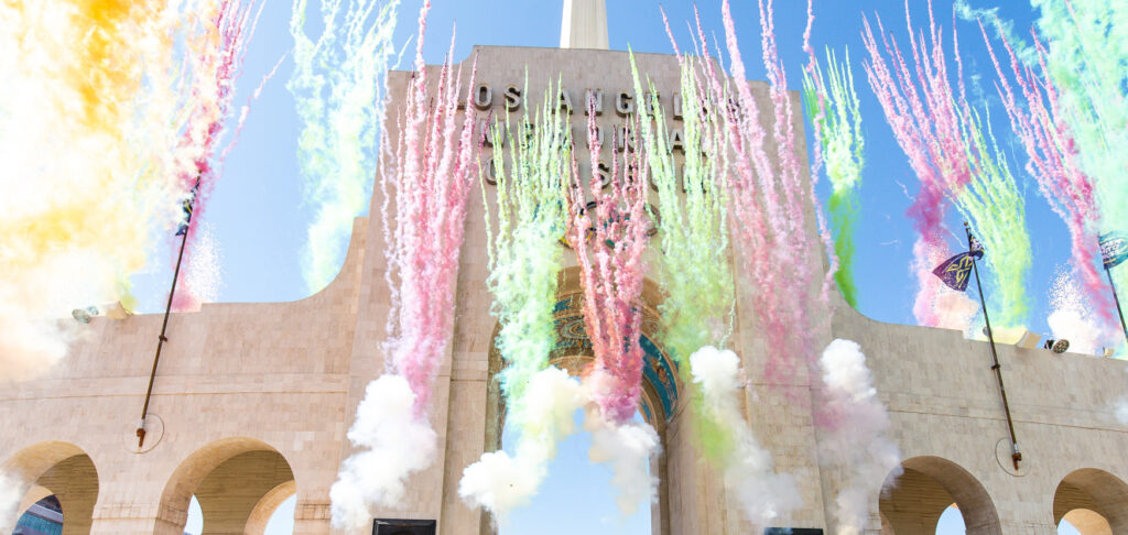 Fireworks outside of the L.A. Memorial Coliseum