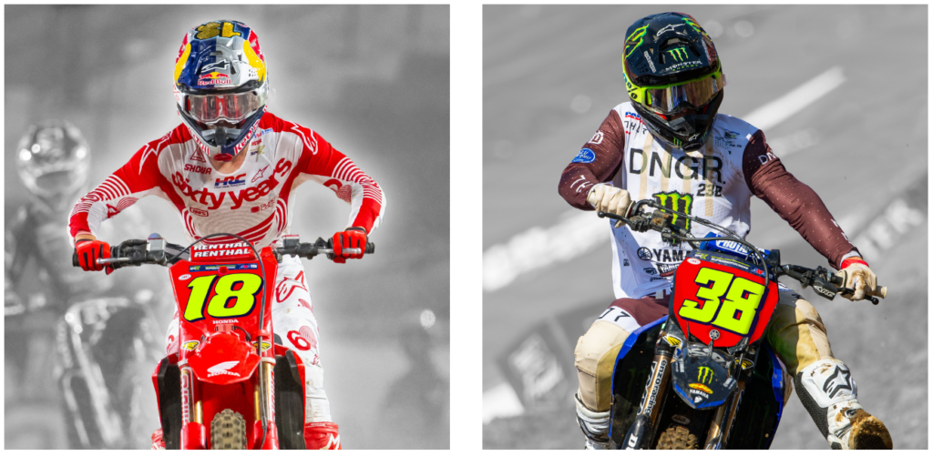 Graphics of Jett Lawrence and Haiden Deegan with purple and red plates with the neon green numbers for the SuperMotocross colors