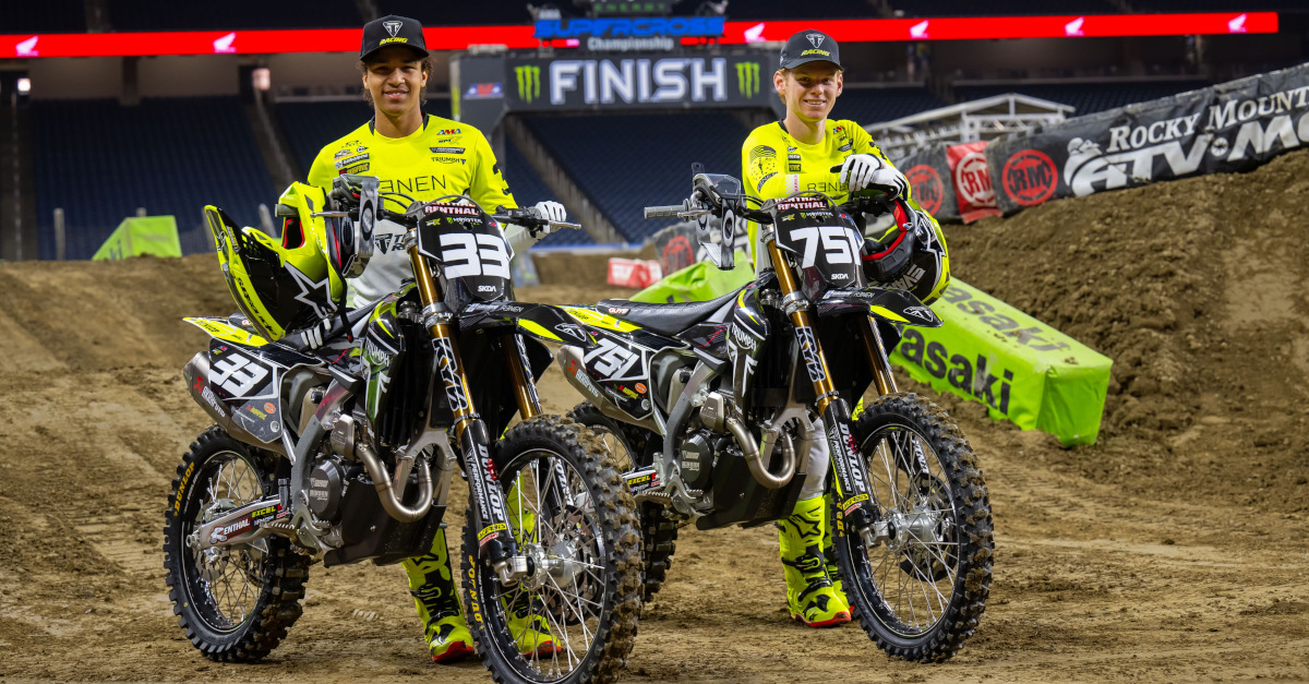 Triumph Racing’s Jalek Swoll (33) and Evan Ferry (751) before Supercross Media Day at Ford Field in Detroit, Michigan. Photo Credit: Feld Motor Sports, Inc.
