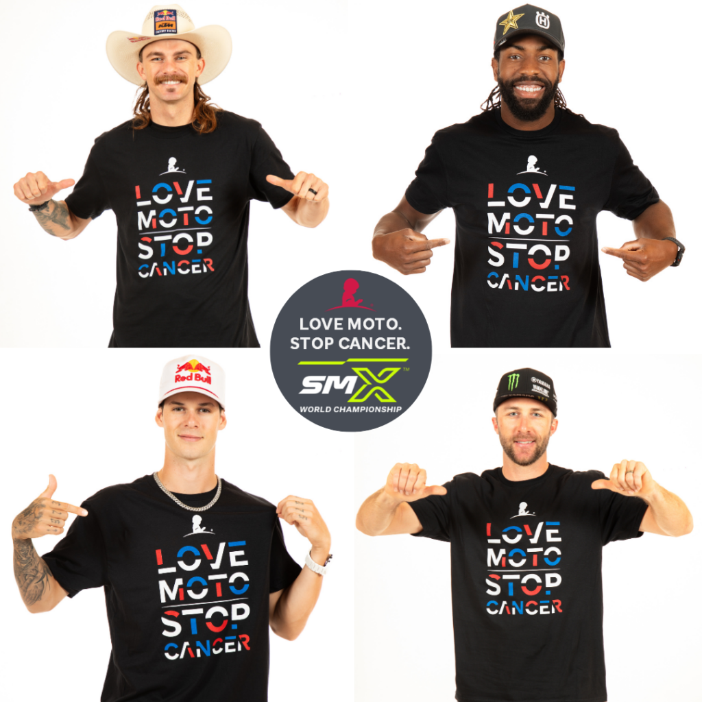 SMX riders wearing patriotic Love Moto Stop Cancer shirts