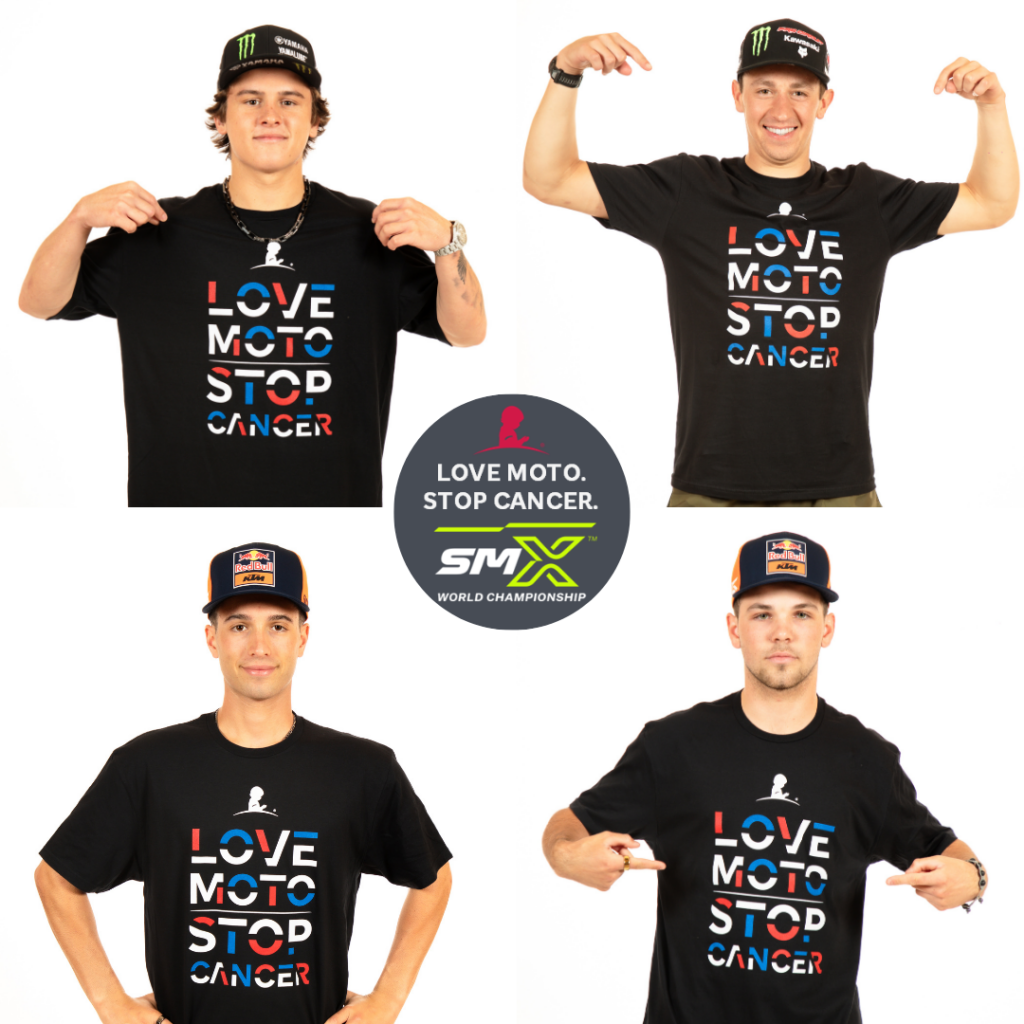 SMX riders wearing patriotic Love Moto Stop Cancer shirts