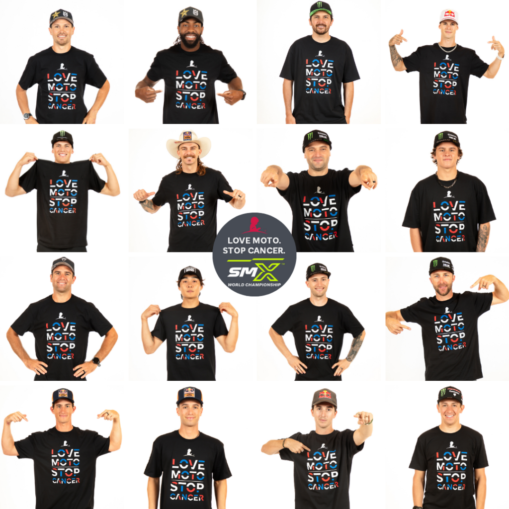 Collage of various SMX riders wearing red, white and blue Love Moto Stop Cancer shirts