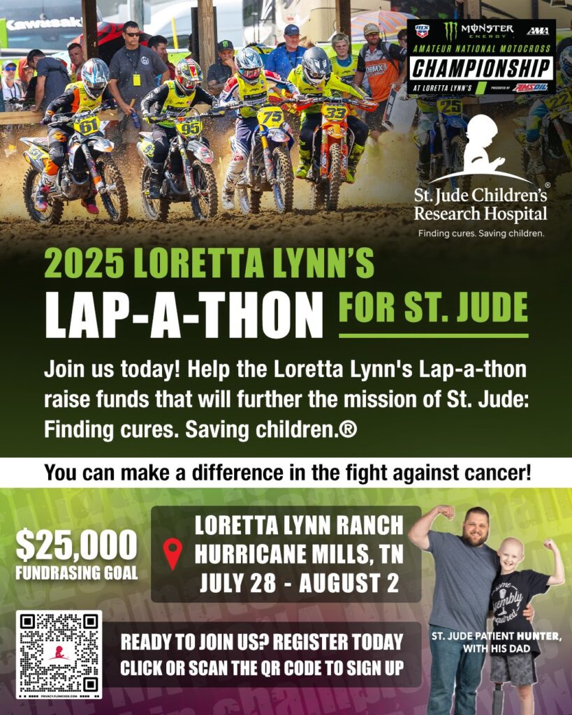 2025 Loretta Lynn's Lap-a-Thon for St. Jude - Join us today! Help the Loretta Lynn's Lap-a-thon raise funds that will further the mission of St. Jude: Finding cures. Saving children. You can make a difference in the fight against cancer! $25,000 fundraising goal - Loretta Lynn Ranch, Hurricane Mills, TN, July 28 - August 2.
