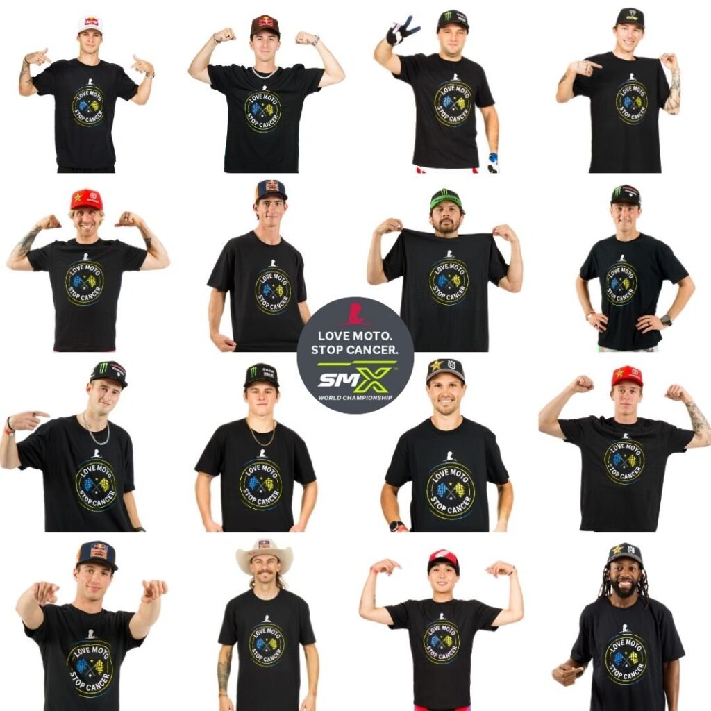 Various SMX riders wearing Love Moto Stop Cancer shirts