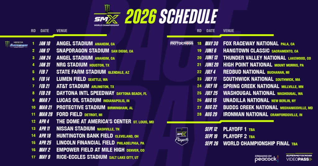 Graphic showing the full 2026 SMX schedule