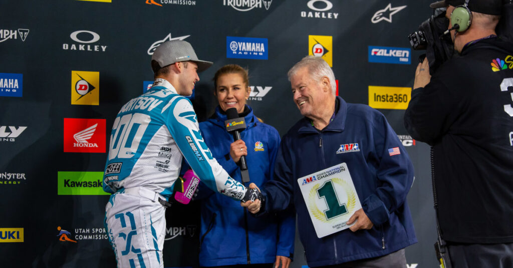 Muc-Off FXR ClubMX Yamaha's Alexander Fedortsov accepting his well-earned number 1 plaque after winning the SMX Next AMA National Championship in Pittsburgh, Pennsylvania.