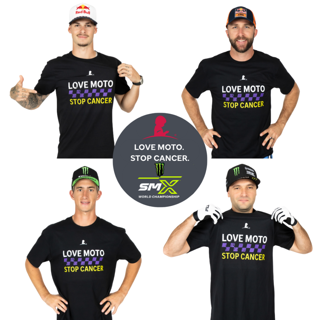 Jett Lawrence, Cooper Webb, Eli Tomac, Chase Sexton wearing love moto. stop cancer. shirts.