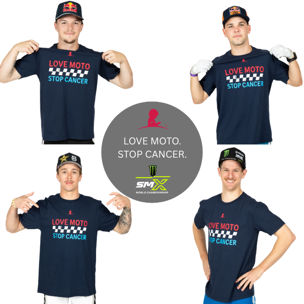 Various SMX riders wearing Love Moto Stop Cancer shirts