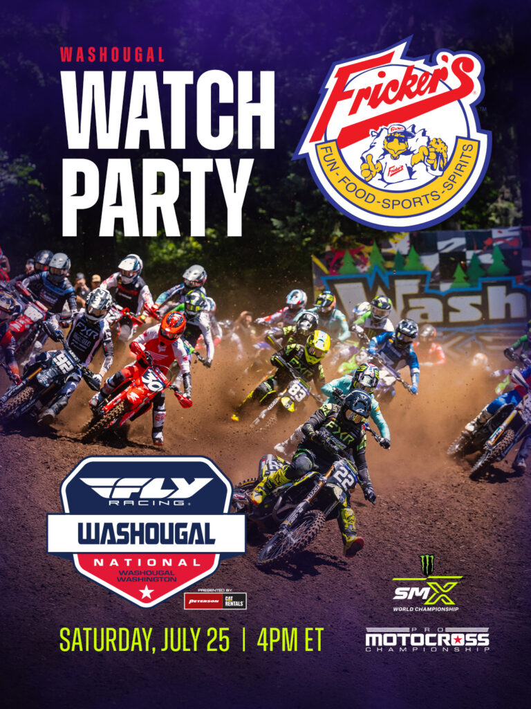 Graphic with caption Washougal Watch Party and Frickers logo above photos of an SMX race start at Washougal