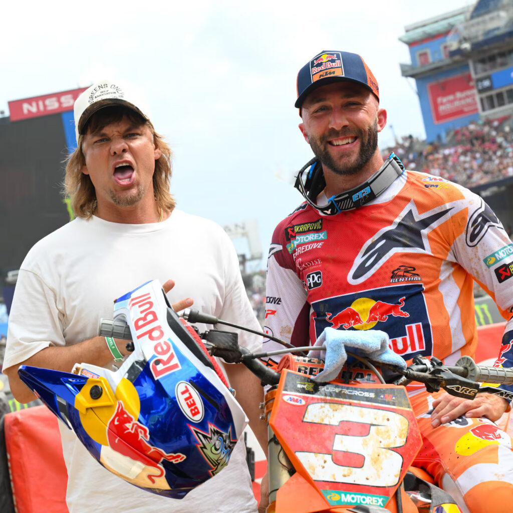 Standup comedian and influential podcast personality Theo Von pictured with two-time Supercross Champion Eli Tomac, who has a social following of 2M -plus. Von attended the Supercross race in Nashville at Nissan Stadium.